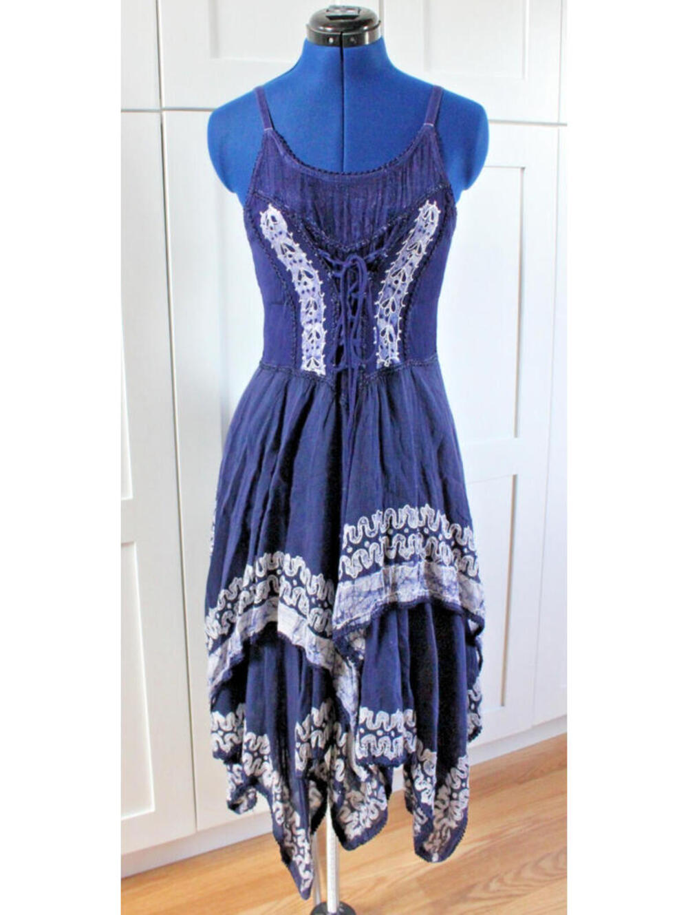 Vintage Advance Apparels S/M Blue Hankerchief Hem Bohemian Embroidered Sundress